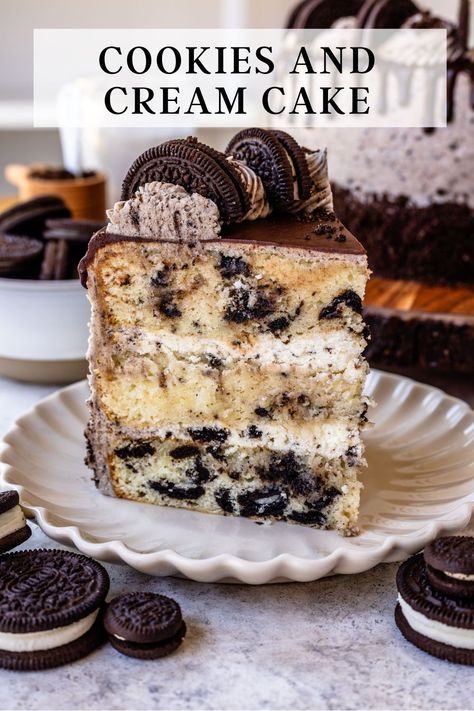 This Cookies and Cream Cake is delicious! Layers of Cookies and Cream Cake with pieces of Oreo cookies baked into the batter, filled with a Cookies and Cream Mousse, and frosted with Cookies and Cream Frosting. The cake is topped with a Ganache drip, and more Oreo cookies. Cookie And Cream Cake, Oreo Cake Filling, Cookies And Cream Mousse, Cookies And Creme Cake, Cookies N Cream Cake Recipe, Cookies And Cream Frosting, Ganache Drip, Cookies And Cream Cake, Oreo Recipes