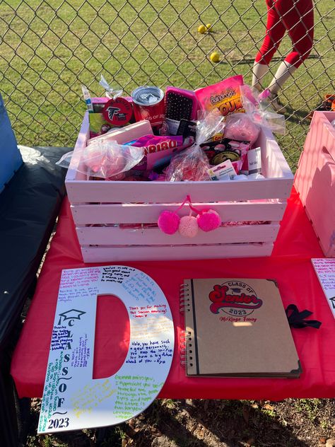 Basket For Senior Night, Gift Basket Senior Night, Senior Night Gift Basket Ideas Cheerleading, Girls Senior Night Gifts, Senior Day Baskets, High School Senior Gift Basket Ideas, Senior Night Gift Ideas Field Hockey, Senior Night Basket Ideas Basketball, Senior Volleyball Baskets