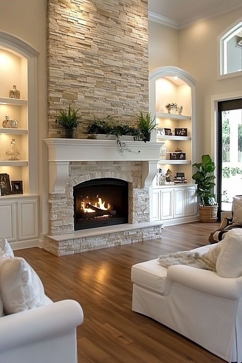 Custom Shelving Living Room Built Ins Fireplace, Stairs Behind Tv Wall, Built Ins By Fireplace With Tv, Built Ins Around Fireplace Tall Ceilings, Craftsman Style Furniture Living Room, Tv Not On Fireplace Wall, Builtin Bookshelves Electric Fireplace, Two Story Fireplace Between Windows, Faux Gas Fireplace