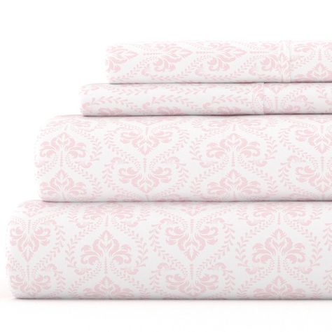 Give your room a refreshing new look and feel with this patterned 4 piece sheet set. Featuring an elegant design of lightly outlined flowers and vines, each piece is double brushed to give the set an ultra soft and cozy texture. Our premium yarns are twice as durable as cotton, wrinkle resistant and ideal for sensitive skin and those with allergies. Twin size comes as a 3 piece set with one pillowcase. Pink Bed Sheets, Pillow Case Mattress, Pattern Sheet, Pink Sheets, College Apartment Decor, Percale Sheets, Pink Pattern, Twin Sheet Sets, Pink Bedding