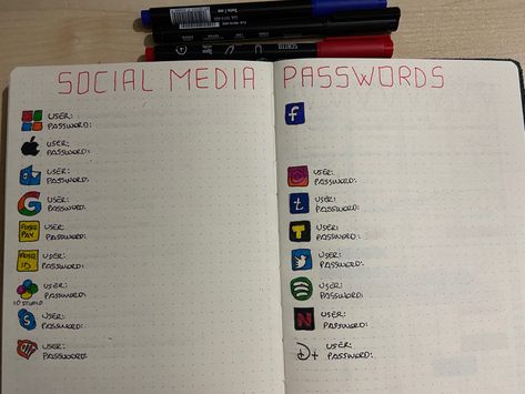 Social media passwords ideas - bullet journal Social Media Passwords, Bullet Journel, Journal Lettering, Journal Diy, Bullet Journal Ideas, Lettering Ideas, Bullet Journal Diy, Bullet Journal Design Ideas, Bullet Journal Lettering Ideas