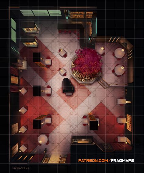 high-class luxury restaurant cyberpunk TTRPG battle map Rooftop Battlemap, Dnd Restaurant Map, Cyberpunk Restaurant, Cyberpunk Map, Cyberpunk Ttrpg, Cyberpunk Red, D20 Modern, Call Of Cthulhu Rpg, Dnd World Map