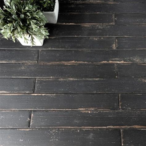 Merola Tile Retro Nero 2-3/4" x 23-1/2" Porcelain Floor and Wall Tile - Bed Bath & Beyond - 11669600 Tile And Dark Wood Floor Transition, Farmhouse Style Tile Floors, Black Wood Floor Bathroom, Mismatched Tile Floor, Entryway Tile Floor Farmhouse, Old Farmhouse Floors, Speakeasy Flooring, Floor Tile With Dark Grout, Mud Room Floors