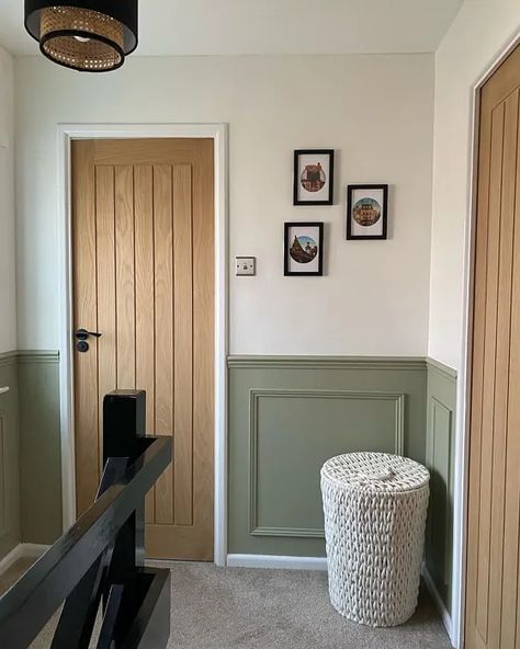 Interior Design Uk Home, Overly Olive Dulux Paint, Wall Panelling Colour Ideas, Colour Painting Ideas For Home, Olive Green Panelling Living Room, Light Green Panelling, Olive Panelling, Light Olive Walls, Olive Green Hallway Ideas