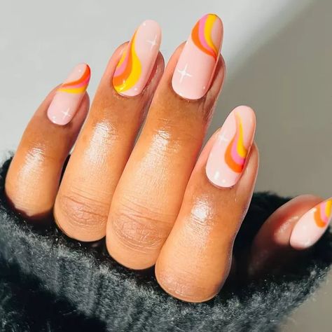 15 '70s-Inspired Nail Ideas for a Groovy Manicure Nail Designs 70s, 60s Aesthetic Nails, Groovy Wedding Nails, 70s Inspired Nails Short, Pink 70s Nails, Retro Wedding Nails, Groovy Manicure, 70s Groovy Nail Art, Mid Century Modern Nails