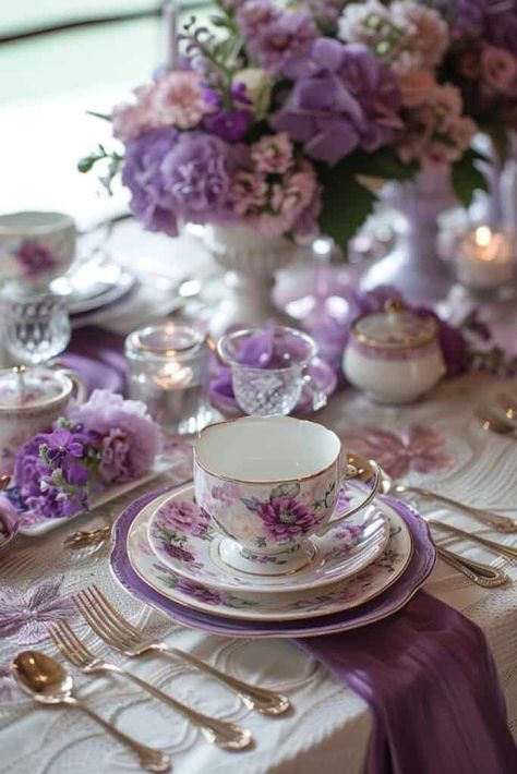 Lavender Tea Party Ideas, Ladies Tea Table Decorations, Afternoon Tea Table Decorations, Table Decor For Tea Party, Purple Tea Party Decorations, Whimsical Garden Tea Party, Afternoon Tea Tablescape, Afternoon Tea Table Setting Ideas, Bridgerton Tablescape