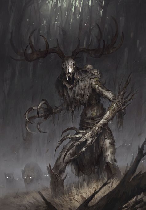 Leshen Monster Art, Skinwalker Concept Art, Leshen Monster Dnd, Dnd Skinwalker, D&d Creatures Monsters, Scary Forest Creatures, Windigo Monster Art, Undead Creature Art, Leshen Witcher Art