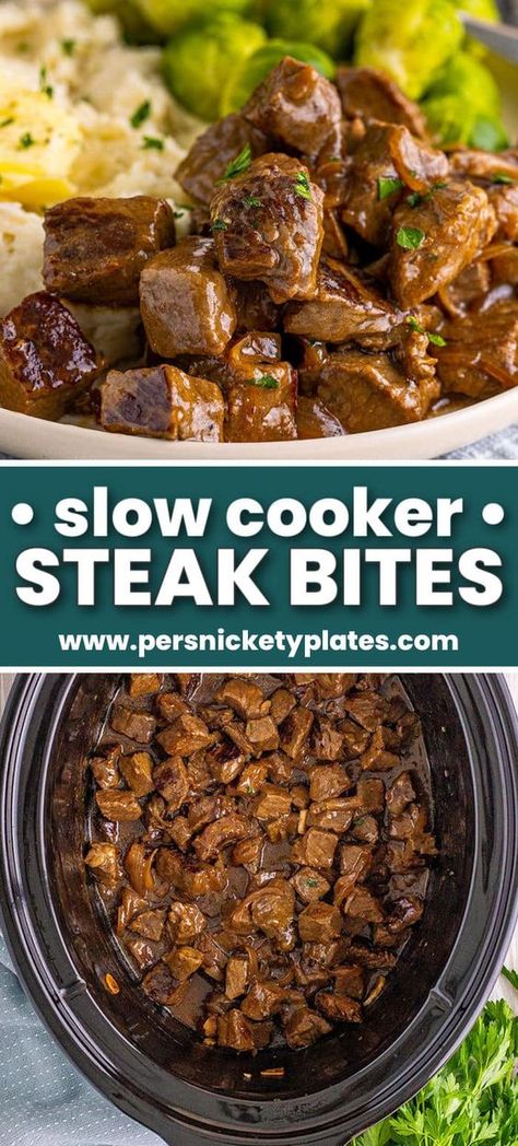 Slow Cooker Steak Bites, Slow Cooker Steak, Steak Bites Recipe, Over Mashed Potatoes, Easy Crockpot Dinners, Clean Protein, Steak Bites, Crockpot Dishes, Beef Recipes Easy