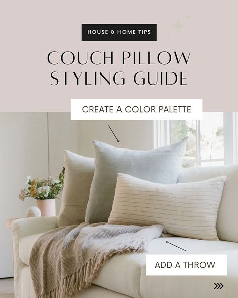 Add the perfect touch of comfort and style to your living space with couch pillows. Here are five steps on how to style the perfect pillow placement. 1. Create a color palette⁠ 2. Add a throw 3. Layer with medium size pillows 4. Largest pillows in the back 5. Finish with small sizes in front Learn more tips on styling couch pillows on our website. #homestyle #interiordesigntips Beige Sectional Throw Pillow Ideas, Pillows For L Shaped Couch, Sofa Cushions Arrangement Living Rooms, Sectional Cushion Styling, Pillows On Off White Couch, Adding Pillows To Couch Living Rooms, Styling Pillows On Loveseat, Minimal Pillows On Couch, Pillow Size For Couch