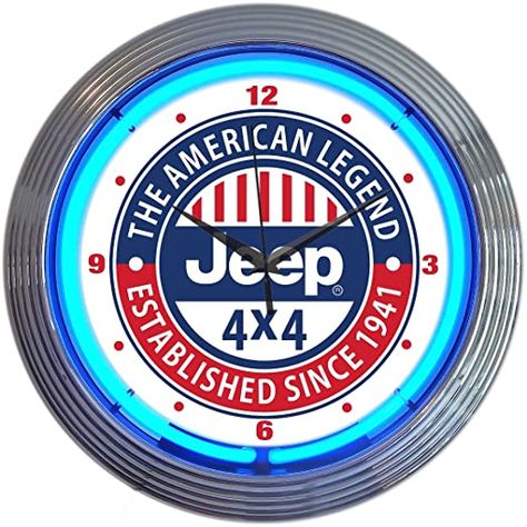 Neonetics Jeep The American Legend Clock, 15 Inch Diameter with Blue Neon – 8JEEPX Jeep Gear, Neon Clock, Jeep Jeep, Man Cave Wall, Retro Wall Clock, American Legend, Wall Outlet, Jeep Stuff, Single Ring