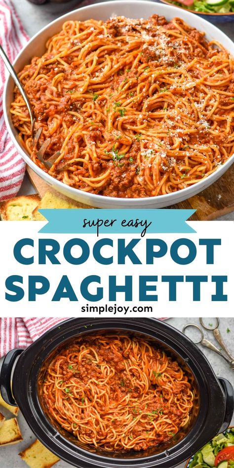 Easy Meat Sauce, Easy Slow Cooker Dinner, Crock Pot Spaghetti, Fall Crockpot, Crockpot Spaghetti, Slow Cooker Pasta Recipes, Crockpot Pasta Recipes, Crockpot Pasta, Fall Crockpot Recipes