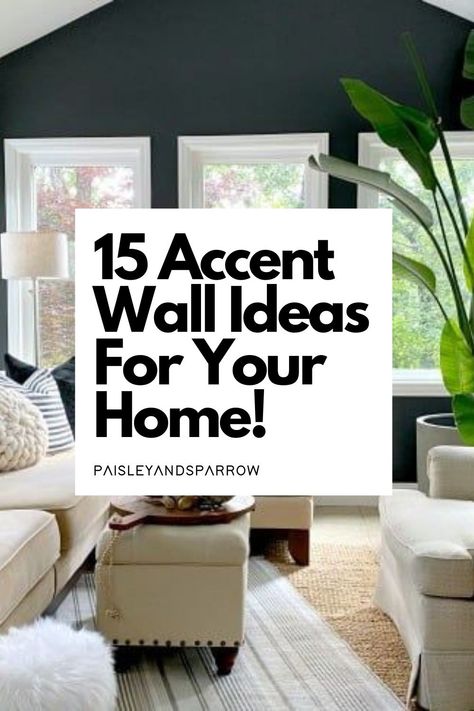 Here are 15 ideas for accent walls in your home! Paint, shelves, shiplap, and more - create a focal point in a bedroom, living room, or office! Small Livingroom Ideas On A Budget Color Schemes Accent Walls, Painting One Wall In Living Room, One Accent Wall Living Room, Feature Wall With Window Living Rooms, Coloured Feature Wall Living Room, Accent Wall White Living Room, Family Room Shelves Decor, Trending Accent Wall Colors, Light Color Accent Wall Living Room