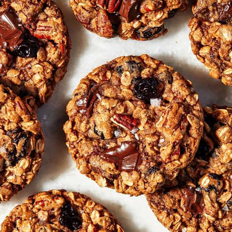 Gluten-Free Chocolate Chip Oat Cookies Recipe | Bon Appétit Flourless Oatmeal Cookies, Chocolate Chip Oat Cookies, Oat Cookie Recipe, Chocolate Chip Oatmeal Cookies, Baked Sweets, Gluten Free Oatmeal, Cherry Chocolate, Gluten Free Chocolate Chip, Oat Cookies