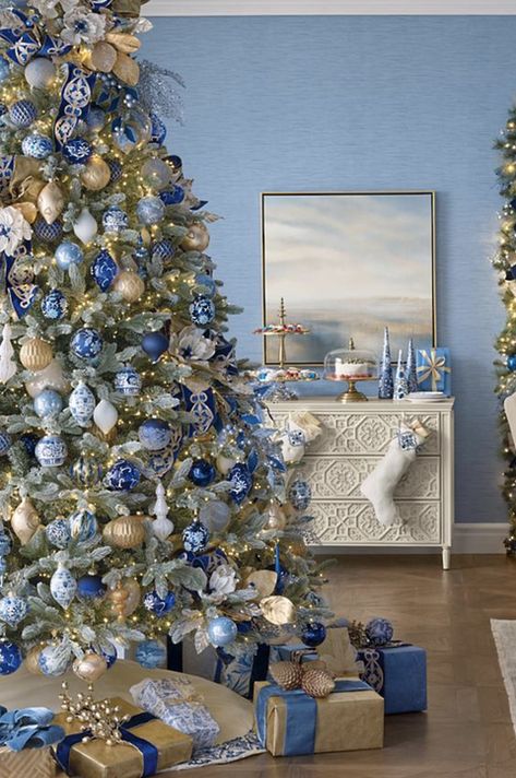 Navy Gold And Silver Christmas Tree, Blue Gold And White Christmas Tree, Blue White Gold Christmas Tree, Blue Gold And Silver Christmas Tree, Blue White And Gold Christmas Tree, Blue Silver And Gold Christmas Tree, Navy And Gold Christmas Decor, Blue And Silver Christmas Tree Ideas, Navy Blue Christmas Tree