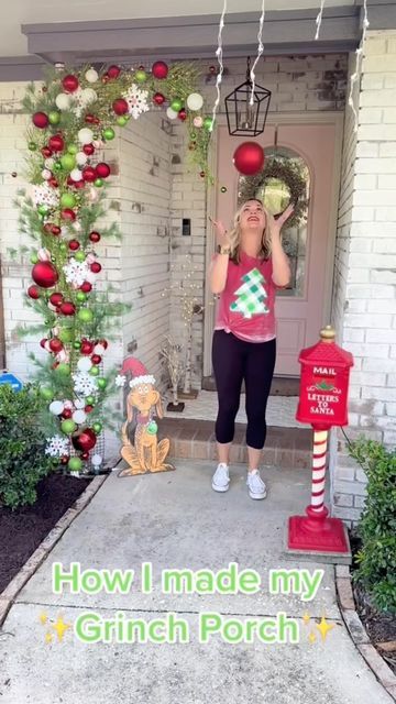 Christmas Porch Themes, Grinch Exterior Christmas Decorations, Outdoor Grinch Decorations Front Porches, Grinchmas Outdoor Decor, Grinch Front Yard Decor, Grinch Yard Decor Outdoor Christmas, Grinch Christmas Front Porch, Grinch Christmas Porch Decor, Grinch Porch Decorating Ideas