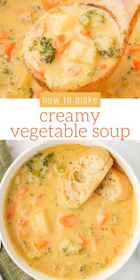 This Creamy Vegetable Soup recipe is absolutely delicious! Full of veggies and a rich cheesy base, this is the best comfort food. Vegetable Stock Recipe Dinners, Soup Recipes No Tomatoes, Potato Soup Crock Pot Vegetarian, Veggie And Rice Soup, Soup Ideas Vegetarian, Veggie Chowder Soup, Food With Celery, Homemade Soups For Fall, Crockpot Creamy Vegetable Soup