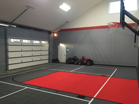 Garage Gym / Sport Court Garage Bathroom Ideas Layout, Garage Pickleball Court, Garage Basketball Court, Barn With Basketball Court, Small Indoor Basketball Court, Indoor Home Basketball Court, Indoor Basketball Court Gym, Half Court Basketball Indoor, Home Gyms Ideas Garage