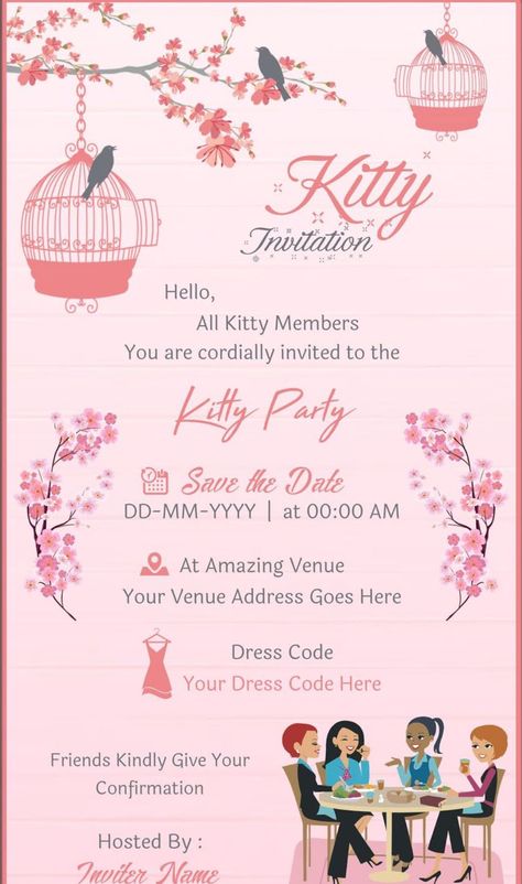 Kitty Party Invite Template, Ladies Kitty Party Invitation Card, Kitty Party Invitations Ladies, Kitty Party Invitations Ladies Template, Kitty Party Invitation Card Design, Kitty Invitation Card, Kitty Party Invitation, Kitty Invite, A4 Size Paper Border Design Flower