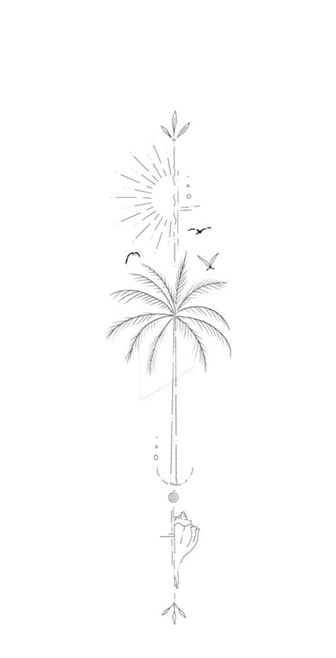 Antigua Tattoo Ideas, Beachy Sleeve Tattoos For Women, Cayman Islands Tattoo Ideas, Palm Tree And Plane Tattoo, Aruba Tattoo Design, Cape Verde Tattoo Ideas, Jamaican Island Tattoo, Cozumel Tattoo Ideas, Delicate Beach Tattoo