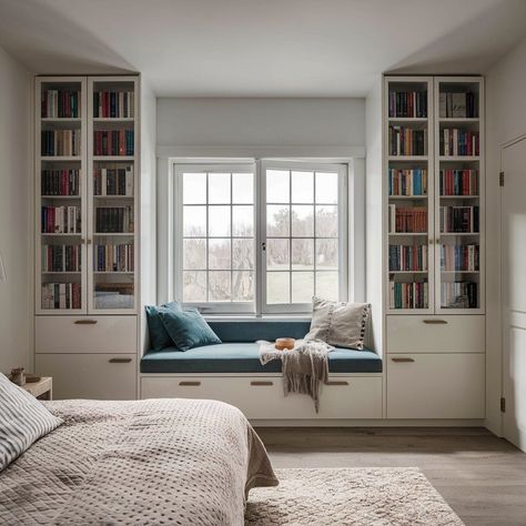 Seat Window Bedroom, Minimalist Window Design, Seating Near Window In Bedroom, Bookshelf Window Wall, Window Seat Shelves, Bedroom Ideas Reading Corners, Window Seat Book Nook, Built In Shelves Bedroom Window, Book Shelves Around Window