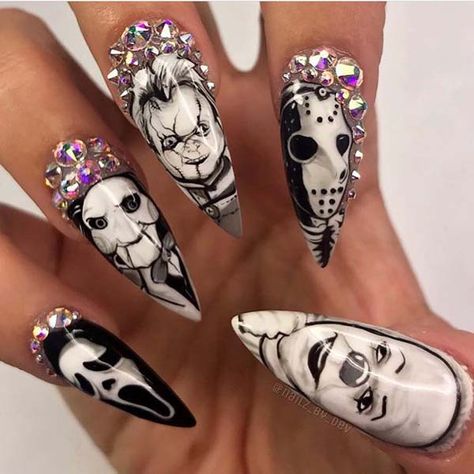 Crazy Faces in a Diamond Frame Nine Inch Halloween Nails #nails #Halloween #trendypins Horror Nails, Nail Art Halloween, Coat Belt, 3d Nail Designs, Halloween Press On Nails, Anime Nails, Black Nail Art, Nail Patterns, Halloween Nail Designs