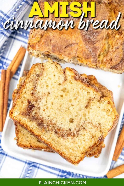 Amish Cinnamon Bread Recipe— a super easy quick bread with no yeast, no kneading, and no starter needed! It's perfectly soft, moist, and swirled with just the right amount of cinnamon sweetness. Topped with a crumbly cinnamon-sugar crust, each bite is a melt-in-your-mouth experience. Perfect for breakfast with coffee, as an afternoon snack, or a sweet treat anytime. Almond Poppy Seed Bread, Amish Cinnamon Bread, Diy Bread, Amish Bread, Cinnamon Bread Recipe, Amish Friendship Bread, Friendship Bread, Cinnamon Swirl Bread, Strawberry Bread