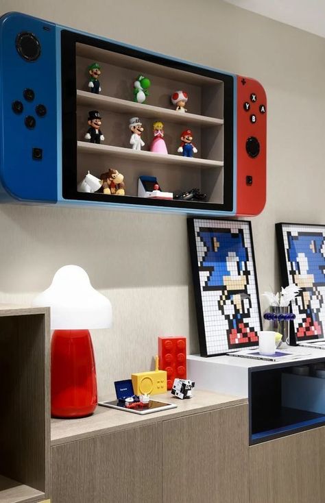 Pokemon Game Room, Pokémon Bedroom Ideas, Gamer Kids Bedroom, Mario Bros Bedroom, Nintendo Room, Gamers Room, Pokemon Bedroom, Trading Setup, Pokemon Decor