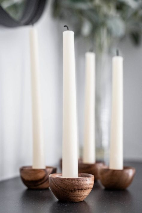 Diy Wooden Candle Holders, Wooden Bowl Candle, Diy Taper Candle Holders, Diy Wooden Candle, Tall Candles, Unique Candle Holders, Pretty Candle, Diy Candle Holders, Tall Candle