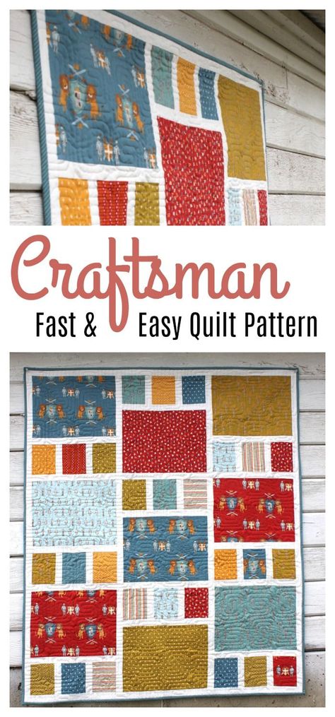 Fast and easy quilt pattern: Craftsman by Amy Smart/Diary of a Quilter.  Featuring Lancelot fabric by Citrus and Mint for Riley Blake Designs. Perfect fabric for a young boy quilt. Craftsman Quilt, Baby Boy Quilt Patterns, Crib Quilt Pattern, Quilt Easy, Boys Quilt Patterns, Amy Smart, Big Block Quilts, Quilt Modernen, Easy Quilt