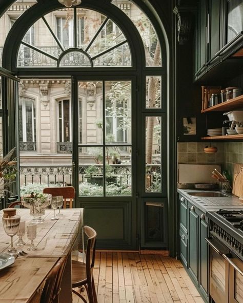 Parisian Kitchen, Parisian Home Decor, Parisian Interior, Dark Kitchen, Enchanted Home, London House, Parisian Apartment, Dark Kitchen Cabinets, Arched Windows