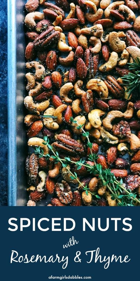 This Rosemary Thyme Spiced Nuts recipe is incredibly easy to make. The nuts are lightly spiced and beautifully fragrant with herbs, perfect for nibbling and gifting - a holiday favorite! Tapioca Bread, Spiced Nuts Recipe, Rosemary And Thyme, Small Appetizers, Nut Recipes, Roasted Nuts, Food Gifts, Clean Eating Snacks, Appetizer Snacks