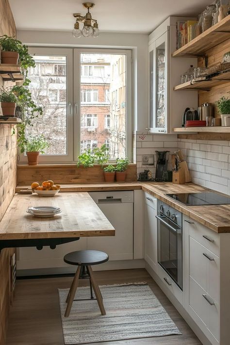 Tiny Home Kitchen Table, Small Studio Kitchen Ideas, Small Kitchen With Table, Tiny Open Kitchen And Living Room, Small Flat Ideas, Narrow Kitchen Ideas, Small Galley Kitchen Ideas Narrow, Spiral House, Small Kitchen Garden