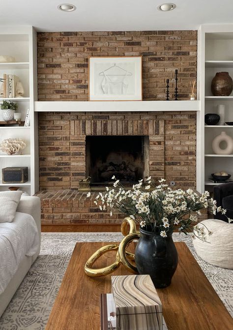 Brick Fireplace Makeover Before And After - House Of Hipsters Brown Fireplace Living Room, Brick Tv Wall Ideas, Master Fireplace, Moss House, Brick Fireplace Decor, Brick Fireplace Wall, Red Brick Fireplaces, White Brick Fireplace, House Improvement