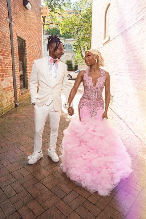 Pink And Gold Prom Couple, Pink Prom Dress Black Couple, Pink And White Hoco Couple, Pink And White Homecoming Couple, Pink And Silver Prom Couple, White And Pink Prom Couple, Pink Prom Ideas Black Couples, Pink And Brown Prom Couple, Pink Prom Black Couple