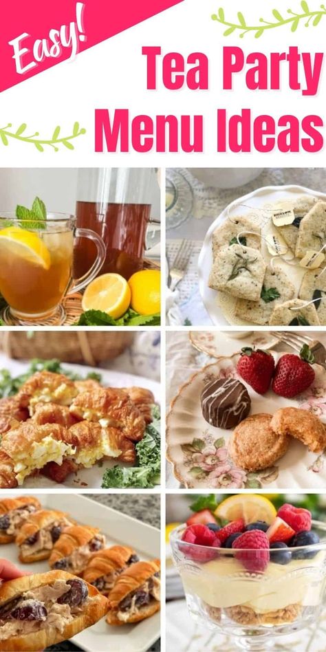 Tea Party Menu Ladies, Tea Party Entrees, Tea Party Board, Tea Party Food Recipes Easy, Bunch Menu Ideas, Tea Party Salads, Food For A Tea Party, What To Serve At A Tea Party, Hi Tea Menu Ideas