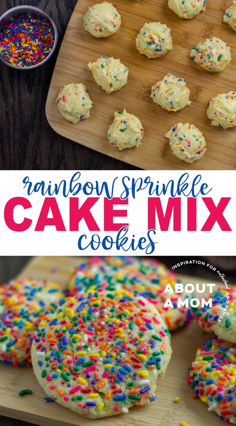 White Cake Mix Cookies with Rainbow Sprinkles - About a Mom Rainbow Chip Cake Mix Cookies, Rainbow Cake Mix Recipes, Rainbow Cake Mix Cookies, Cake Mix Cookies With White Cake, White Cake Cookies, Vanilla Cake Box Cookies, Cake Mix Sprinkle Cookies, Recipes With White Cake Mix Boxes, White Cake Mix Cookies Recipes