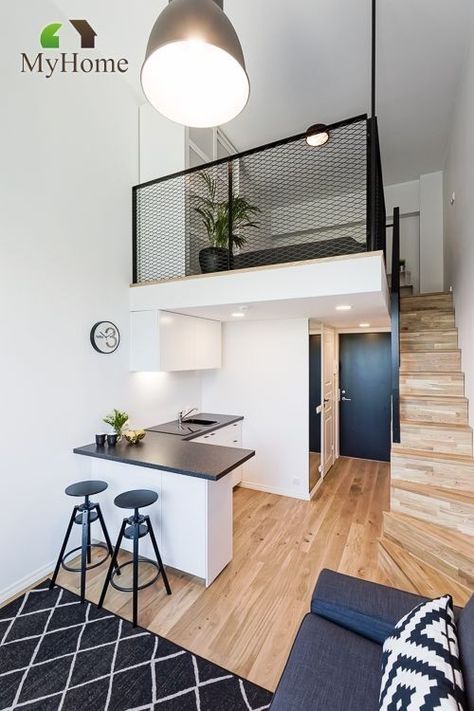 Loft Type House, Small Loft Apartment, Loft Bedroom Ideas, Incredible Tiny Homes, Small Loft Apartments, Ideas For Small Homes, Apartemen Studio, Tiny Loft, Loft House Design