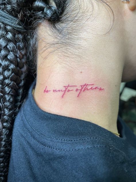 Tattoo In Red Ink Words, Neck Red Tattoos Women, Word Neck Tattoos Black Women, Tattoo Idea For Women Neck, Neck Tattoos Women Small Words, Letter Neck Tattoos Women, Red Small Neck Tattoos, Red Art Tattoo, Side Neck Quote Tattoo