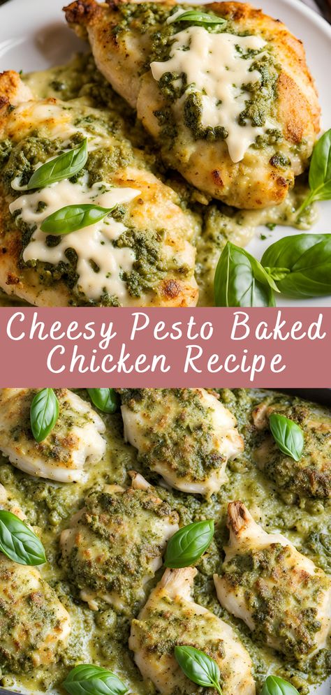 Cheesy Pesto Baked Chicken Recipe | Cheff Recipes Pesto Ideas, Pesto Baked Chicken, Pesto Recipes Dinner, Pesto Chicken Bake, Baked Beef Stew, Recipes Using Pesto, Pesto Mozzarella Chicken, Pesto Dishes, Fresh Basil Pesto