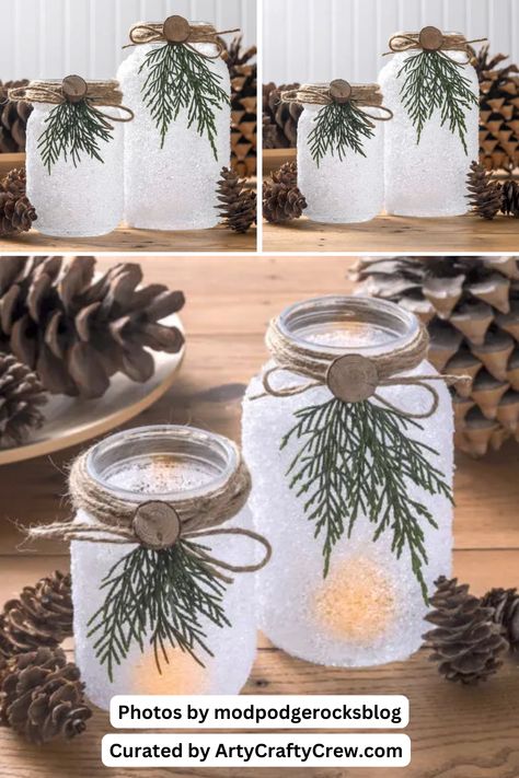 Looking for quick and cute handmade Christmas decorations? Try these DIY mason jar crafts! Visit my website, Arty Crafty Crew, to see the full curated list of these DIY projects. Holiday Glass Jar Decor, Oui Christmas Jars, Jar Decorating Ideas For Christmas, Glass Jar Crafts Christmas Diy Projects, Mason Jar Epsom Salt Christmas, Xmas Mason Jar Crafts Diy Christmas, Holiday Jar Crafts, Twine Mason Jars, Hang Mason Jars With Twine