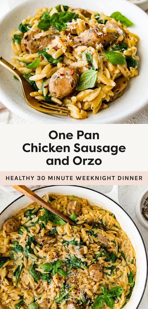 This one pan chicken sausage and orzo meal cooks up in under 30 minutes for a quick and easy weeknight dinner. It's flavorful, comforting and so easy to make! Chicken Sausage And Veggies, One Pot Chicken Sausage Orzo, Chicken Sausage And Orzo, Healthy Chicken Sausage Recipes, One Pan Chicken Sausage Orzo, Creamy Chicken Sausage Orzo Skillet, Broccolini Chicken Sausage Orzo Skillet, Chicken Sausage Couscous Recipes, Orzo Recipes Healthy