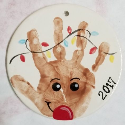 Baby Footprint Clay Christmas, Hand Feet Christmas Crafts, Christmas Crafts For Kids Footprint, Reindeer Ornaments Handprint, Baby Print Ornament Diy, Rudolph Handprint Ornament, Christmas Ornament Ideas For Toddlers, Hand Print Rudolph, Christmas Baby Art Hand Prints