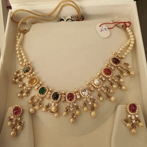 Medium Size Necklace Gold, Latest Jewellery Designs 2023, Navratan Sets In Gold, Navarathna Necklace Gold, Navratan Jewellery Necklaces, Navaratna Necklace Gold, Navaratan Necklace, Diamond Pearl Necklace Set, Navarathna Necklace