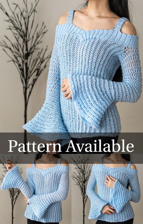 Follow along with our detailed pattern to make this lightweight spring sweater! It's an extremely fun and easy sweater to make! It features a whimsical bell sleeve and a thick strap to hide your bra! Enjoy! 💖 Be sure to follow on YouTube, Instagram and check out my Etsy @TCDDIY Mode Crochet, Crochet Ladies Tops, Crochet Tops Free Patterns, Crochet Clothes For Women, Crochet Fashion Patterns, Crochet Clothes Patterns, Clothes Summer, Crochet Shirt, Vest Pattern