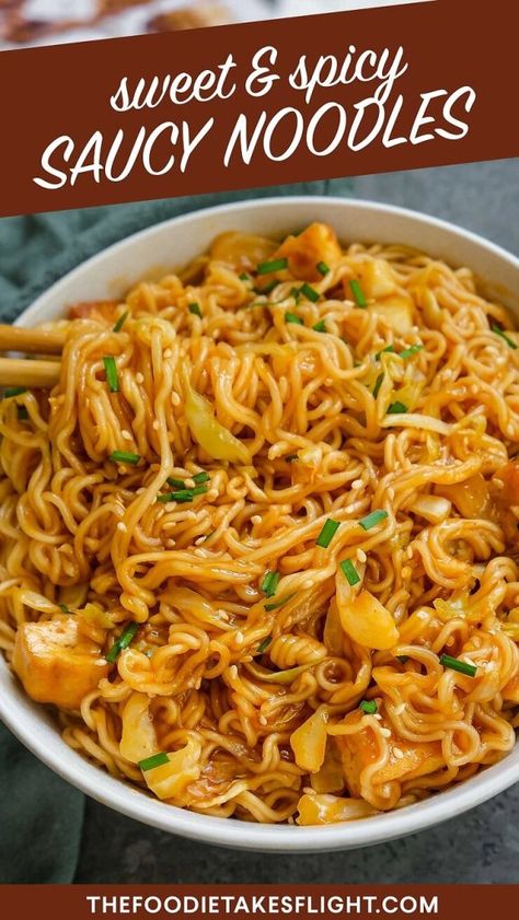 Easy Sweet, Spicy, and Saucy Noodles (Vegan) – The Foodie Takes Flight Spicy Ramen Noodle Recipes, Saucy Noodles, Ramon Noodles, Spicy Asian Noodles, Ramen Recipes Easy, Asian Noodle Recipes, Spicy Ramen, Noodle Recipes Easy, Chinese Noodles