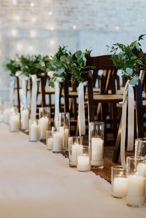 Unique Wedding Lighting Ideas, Baby’s Breath On Church Pew, Wedding Aisle Decorations Chapel, Ceremony Decorations Candles, Minimalist Isle Wedding, Wedding Aisle Decoration Indoor, Wedding Aisle Decorations Black And White, Patio Ceremony Wedding, Classic Winter Wedding Decor