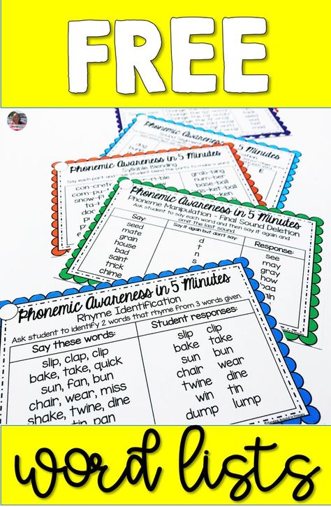 Teach your phonemic awareness in as little as 5 minutes a day! Save time and use these word lists anytime of the day - during whole group or small group time, during transitions and line ups. Each list is fully scripted so you can do them on the fly or give them to a volunteer to use with students. Also perfect for parents to use at home.  This is a sample set has lists for rhyme, syllables and phoneme blending, segmenting, manipulating and substituting. Phoneme Blending, Segmenting Words, Phoneme Segmentation, Phonemic Awareness Activities, Literacy Programs, Free Word, Teaching First Grade, Phonological Awareness, Free Teaching Resources