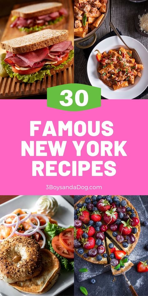 Famous New York Recipes include pastrami on rye, chicken riggies, bagels and lox, cheesecake, Manhattan clam chowder, and buffalo wings. #newyorkfamousfoods #eatnewyorkdishes #3boysandadog New York Recipes Dinner, Famous Restaurant Recipes New York, New Jersey Food Recipes, All American Recipes, Usa Food Recipes, Philadelphia Food Recipes, New York Foods, New York Food Recipes, New York Recipes