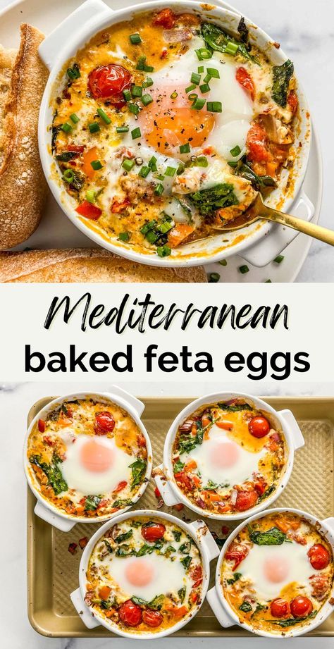 These wonderful baked feta eggs with tomatoes and spinach are a delightful breakfast or brunch recipe. One Pot Breakfast Recipes, Feta Cheese Breakfast Recipes, Healthy Breakfast While Pregnant, Savory Healthy Breakfast On The Go, Breakfast Ideas For Friends, Baked Eggs And Feta, Bfast Ideas Healthy, Keto Egg Recipes Breakfast, Mediterranean Feta Egg Bake