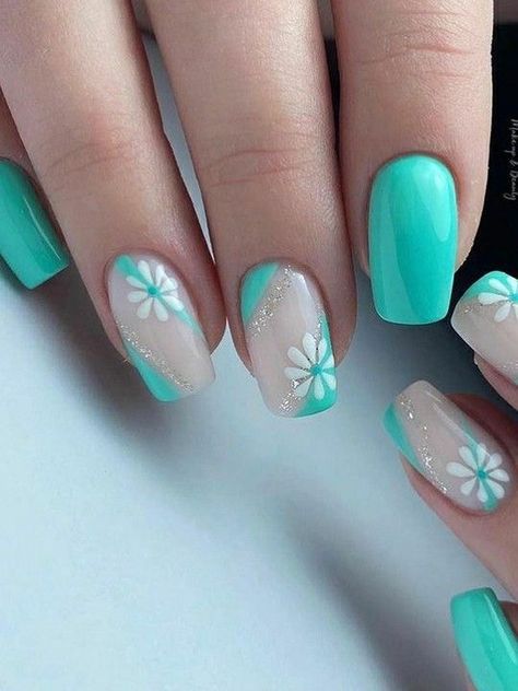 Turquoise Nail Art, Turquoise Nail Designs, Teal Nail Designs, Mint Nails, Teal Nails, Turquoise Nails, Spring Acrylic Nails, Subtle Nails, Short Square Acrylic Nails